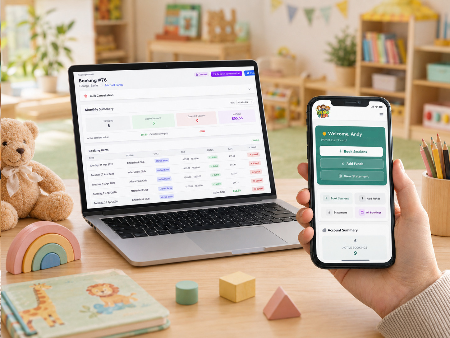 CoB booking dashboard and parent mobile app shown side by side